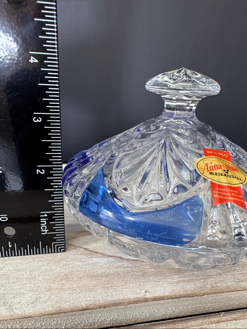 VTG Anna Hutte Germany Lead Crystal Covered Candy Dish - Clear & Cobalt Blue - Picture 6 of 8